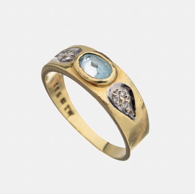 14 kt Gold Aquamarin-Brillant-Ring, GG 585/000, ovalfacett. Aquamarin (min. besch.), kl. Brillanten, RW 53, ca. 4 g