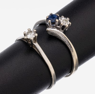 Konvolut 2 14 kt Gold Ringe, WG 585/000, 1 x Brillant-Solitär ca. 0.10 ct Weiß/si, RW 53,und 1 x mit 8/8-Diamant ca. 0.015 ct (grav.) Weiß/si, ...