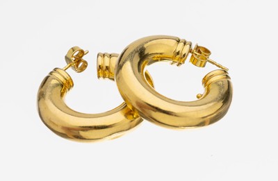 Paar 14 kt Gold Ohrcreolen, GG 585/000, hohl gearbeitet, D. ca. 2.7 cm, ca. 7.4 g, Tragespuren, Gebr.-Spuren
