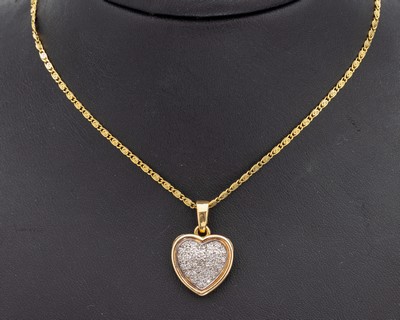 14 kt Gold Diamant-Anhänger "Herz", GG 585/000, part. rhod., kl. 8/8-Diamanten, ca. 2.3 x 1.5 cm, an Kette, GG 585/000, L. ca. 42 cm, ...