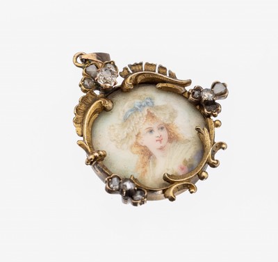 14 kt Gold Diamant-Anhänger mit Miniaturmalerei, um 1860, GG 585/000 gepr.,feine Verarbeitung, 1 Altschliffdiamant und 10Diamantrosen zus. ca. 0.30 ...