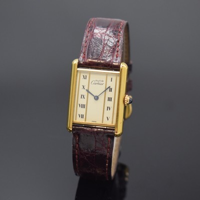 CARTIER Damenarmbanduhr Tank Vermeil Referenz 590005, Schweiz um 1990, quarz, verg. Silbergeh., Boden 4-fach verschr., Schmuckkrone, orig. Lederband ...