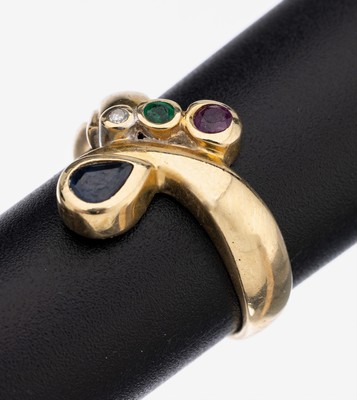 14 kt Gold Farbstein-Diamant-Ring, GG 585/000, Saphir-Tropfen, rundfacett. Rubin undSmaragd, kl. 8/8-Diamant, RW 54, ca. 3.5 g