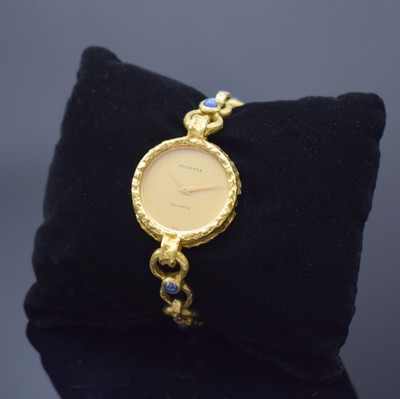 JUVENIA ausgefallene Damenarmbanduhr in GG 750/000, Schweiz um 1975, quarz, Goldband teils m. Saphircabochons (verbödet), Boden aufgedr., ...