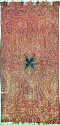 Kaschmir Schal, Indien, Anfang 20.Jhd, Wollstickerei, ca. 320 x 160 cm, Riss, EHZ: 2(kleine Löcher)