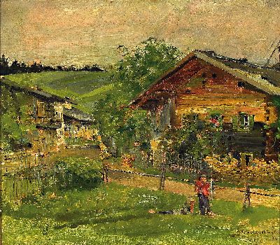 Albrecht Kirchinger, Künstler der Jahrhundertwende, datiert 1892, oberbayerische Sommerlandschaft mit Bauernhäusern, rechts unten signiert und ...