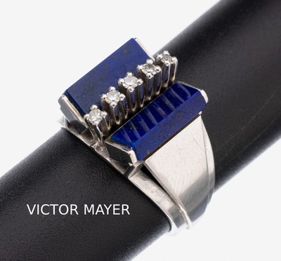 14 kt Gold VICTOR MAYER Lapislazuli-Diamant- Ring, WG 585/000, konvexer Ringkopf mit 2 eingelegten Lapislazuli-Platten, mittig mit 5 8/8-Diamanten ...
