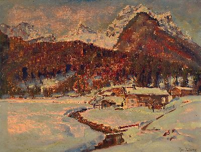Theo Guillery, 1900 München-1976 Buchbach, "Die Lofener Steinberge", rückseitig so betitelt, Öl/Lwd, rechts unten sign., ca. 57x 75cm, ...