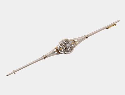 14 kt Gold Diamant-Brosche, um 1930, GG/WG 585/000, wohl Österreich, L. ca. 8.5 cm, Mittelteil mit kl. 8/8-Diamant und Diamantrosen, 1 Dia.-Rose ...