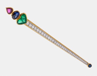 18 kt Gold Brillant-Farbstein-Brosche, GG/WG 750/000, 35 Brillanten zus. ca. 1.40 ct feines Weiß-Weiß/vvs-vs, 2 ovalfacett. Saphireca. 1.74 ct, 1 ...