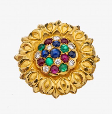 18 kt Gold Brillant-Farbstein-Brosche, GG 750/000, aufwändige Goldschmiedearbeit in stil. Blütenform, Aufbau in 2 Ebenen, obere Ebene montiert, ...