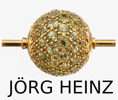 18 kt Gold JÖRG HEINZ Peridot-Wechselschließe, GG 750/000, sign. und num., rundum mit rundfacett. Peridots, D. ca. 13.1 mm, ca. 4.7 g