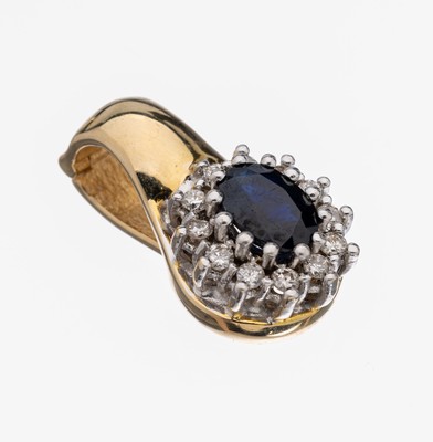 14 kt Gold Saphir-Brillant-Clipanhänger, GG/WG 585/000, ovalfacett. Saphir ca. 1.10 ct, 12 Brillanten zus. ca. 0.24 ct Weiß/si, ca. 4.6 g, L. ca. ...