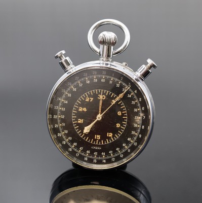 LEMANIA seltene große Rattrapante-Stoppuhr mit Flyback und schwarzem Zifferblatt, Schweiz 1940er Jahre, verchr. Geh. berieben, Scharnierboden, arab. ...