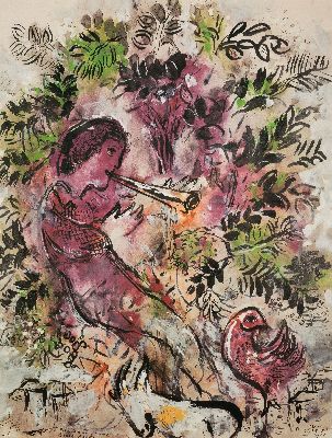 Nach Marc Chagall (1887-1985), 2 Granolithographien auf Velin, "Der Flötenspieler (1955)" und "Früchte und Blumen (1949)", ...