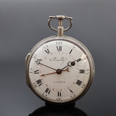 ROMILLY a Paris seltene übergroße (79 mm) Spindeltaschenuhr mit Datum in Silber, Frankreich um 1800, Schlüsselaufzug, glattes Geh. m. ...