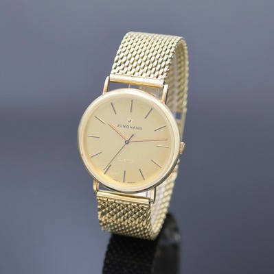 JUNGHANS Herrenarmbanduhr in GG 585/000, Deutschland um 1975, quarz, neutr. Goldband m. Monogramm auf der Schließe, Boden aufgedr., champagnerfarb. ...