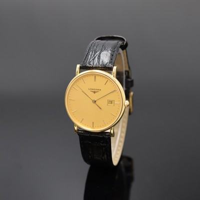 LONGINES Armbanduhr in GG 750/000, quarz, Schweiz um 2000, 2-teil. Geh., Boden aufgedr., gold. Zifferbl. m. aufges. Indizes, Anz. v. Std., Min., ...