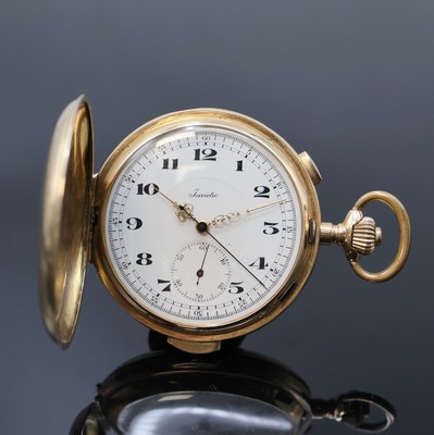 INVICTA Savonette Herrentaschenuhr in RG 585/000 mit 1/4 Stunden-Repetition und Schaltradchronograph, Schweiz um 1900, glattes 2-Deckel Goldgeh. ...