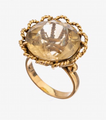 18 kt Gold Citrin-Ring, GG 750/000, außergewöhnliche Gestaltung, rundfacett. Citrin, RW 54, ca. 9.6 g