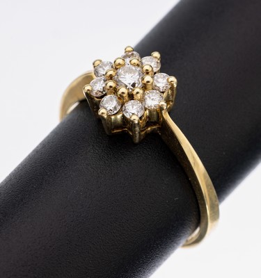14 kt Gold Brillant-Ring, GG 585/000, 9 Brillanten zus. ca. 0.55 ct (grav.) feines Weiß-Weiß/vs-si, RW 60, ca. 3.7 g