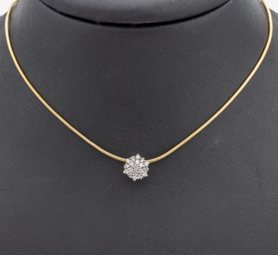 14 kt Gold Brillant-Anhänger, WG 585/000, 19 Brillanten zus. ca. 0.19 ct Weiß-get.Weiß/ si, an Kette, GG 585/000, L. ca. 45.5 cm, ...