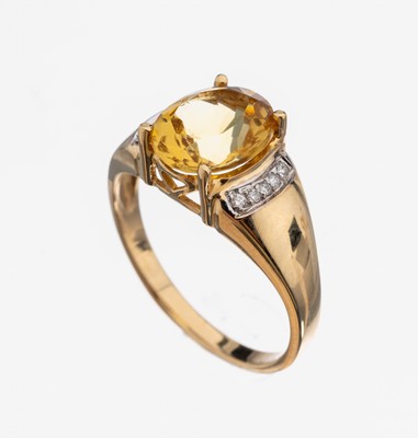 14 kt Gold Gold Beryll-Brillant-Ring, GG 585/000, ovalfacett. Gold Beryll ca. 3.0 ct, 10 Brillanten in rhod. Fassungen zus. ca. 0.05ct Weiß/si, RW ...