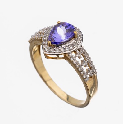 9 kt Gold Tansanit-Saphir-Ring, GG 375/000,facett. Tansanit-Tropfen ca. 1.10 ct, umgeben von 56 rundfacett. weiße Saphire zus. ca. 0.40ct, RW 63, ...