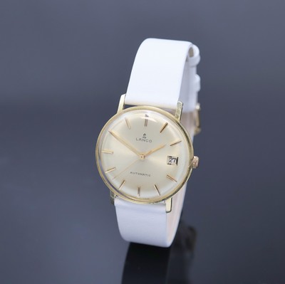 LANCO Herrenarmbanduhr in GG 585/000, Schweiz um 1965, Automatik, Boden u. Glasrand gedr., goldfarb. Zifferbl. m. gold. Std.-Ind. u. gold. Zeiger, ...