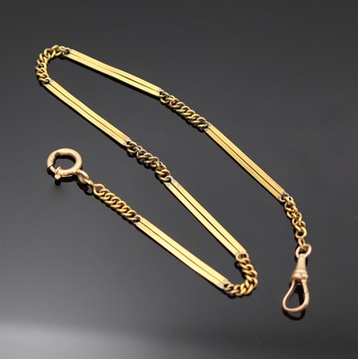 Taschenuhrkette in GG 585/000, mit Federring und Karabiner, L. ca. 30 cm, Gew. ca. 11g, aus Sammlungsauflösung