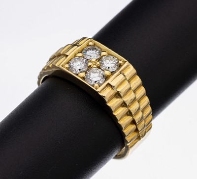 18 kt Gold Brillant-Ring, GG 750/000, massive Ausführung, 4 Brillanten zus. ca. 0.80 ct feines Weiß-Weiß/si, Ringschultern getreppt, RW 65, ca. ...