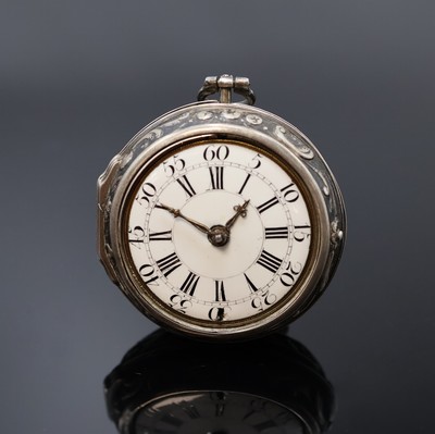 MARTINEAU englische Spindeltaschenuhr in Silber, London um 1760, Repousse-Geh. (besch.), Silbergeh. dell., Emailzifferbl. l. besch., röm. u. arab. ...