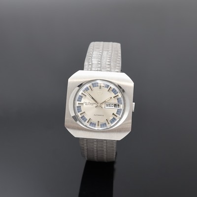 JÜRGENSEN große Herrenarmbanduhr in Stahl, Schweiz um 1975, Automatik, Boden verschr., silb. Zifferbl. m. aufgel. Indizes, Anz. v. Std., Min., ...