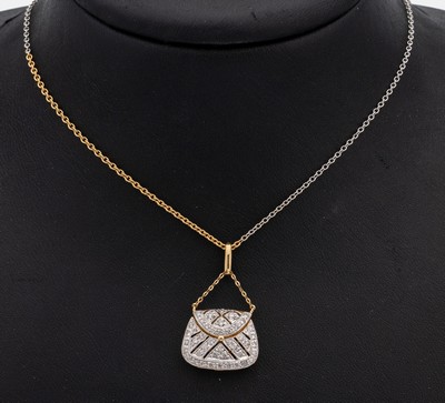 14 kt Gold Diamant-Anhänger "Tasche", GG/WG585/000, Vorderseite mit 8/8-Diamanten zus. ca. 0.28 ct Weiß/si-p1, an Kette, GG/WG 750/000, ...