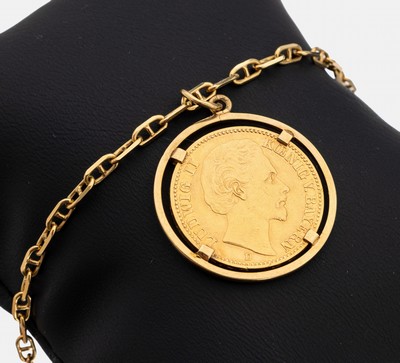 14 kt Gold Münz-Armband, GG 585/000, lose gefasste Goldmünze, 20 Mark, 1878, Ludwig II. König von Bayern, Armband GG 750/000, L. ca. 18 cm, ...