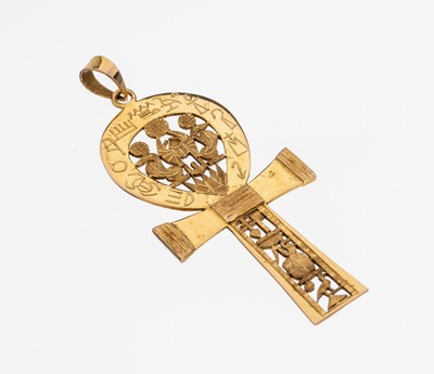 18 kt Gold Anhänger "Anch", GG 750/000 gepr., part. grav. mit Hieroglyphen, Oberfläche part. strukt, ca. 7 x 3 cm, ca. 13.0 g