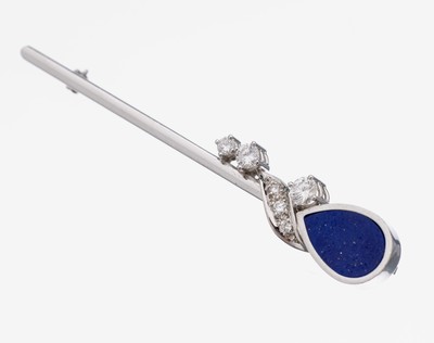18 kt Gold Brillant-Lapislazuli-Brosche, WG750/000, länglich, 6 Brillanten zus. ca. 0.35 ct feines Weiß/lupenrein, tropfenf. Lapislazuli-Einlage, ...