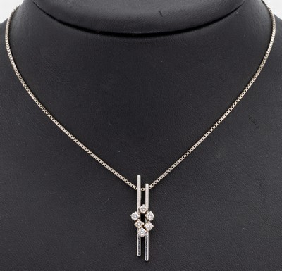 14 kt Gold Brillant-Anhänger, WG 585/000, 6Brillanten zus. ca. 0.24 ct Weiß/si, an Kette, WG 585/000, L. variabel ca. 41 bzw. 43 cm, ...