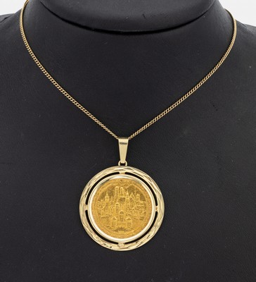 14 kt Gold Medaillen-Anhänger, GG 585/000, lose gefasste Goldmedaille zu den Olympischen Spielen München 1972, GG 999.9, schlichte Rahmung, D. ca. ...