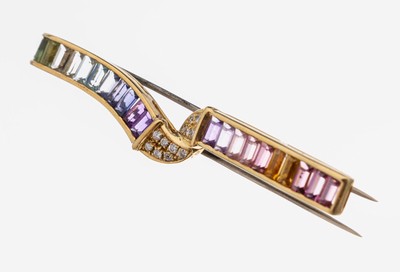 18 kt Gold Farbstein-Brillant-Brosche, GG/WG 750/000, anged. Schleife, 22 Farbstein- Baguettes, u.a. Turmaline, Amethyste, Aquamarine und Citrine im ...