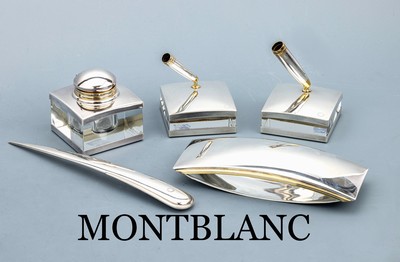 MONTBLANC Schreibtisch Set, "Solitaire", 925er Silber, z.T. verg., mit Bleikristall, best. aus: 2 x Füllhalterständer, (1 x für Nr.146, ...