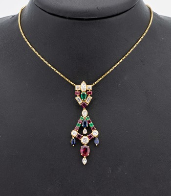 14 kt Gold Farbstein-Diamant-Anhänger, GG 585/000 gepr., länglich in sich bewegl., 1 Smaragd-Tropfen und 4 rundfacett. Smaragde zus. ca. 0.50 ct, ...