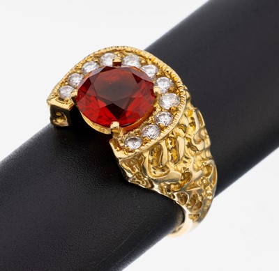 14 kt Gold Opal-Brillant-Ring, GG 585/000, qualitätvolle Verarbeitung, Ringkopf in Form eines Hufeisens, rundfacett. Feueropal ca. 2.0 ct, 11 ...
