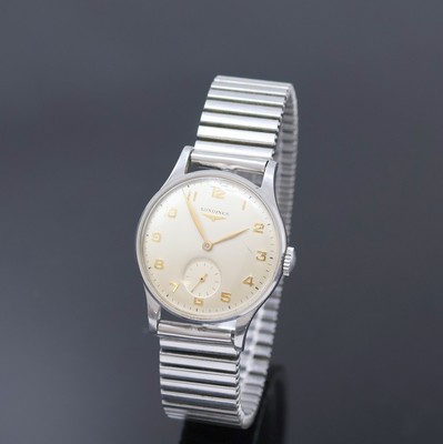 LONGINES Herrenarmbanduhr Referenz 4858 12, Handaufzug, Schweiz um 1952, 3-teil. Stahlgeh. an Fixo-Flex Band, Boden und Glasrand aufgedr., silb. ...