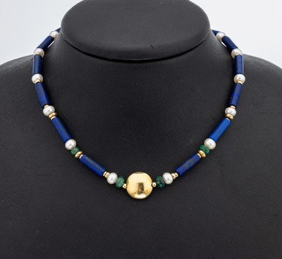 Außergewöhnliches 14 kt Gold Lapislazuli-Perl-Smaragd-Collier, GG 585/000, längliche Lapislazuli-Stäbe, Süßwasserzuchtperlen, D. ca. 5.5 mm, ...