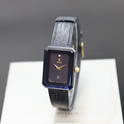 H.STERN rechteckige Damenarmbanduhr, Schweiz um 1990, quarz, dunkelblau beschichtetes Geh., Lederband m. orig. verg. Dornschl., dunkelblaues ...