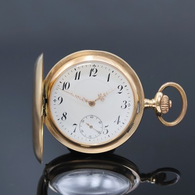 Savonette Herrentaschenuhr in RG 585/000, Schweiz um 1910, Geh. dell., guill. Sprung- (m. Monogramm) u. Rückdeckel, Metallcuvette, Emailzifferbl. m. ...