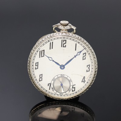 Offene Taschenuhr in WG 750/000, Schweiz um 1925, floral grav. Scharniergeh., Lünette aufgepresst, silb. gebürstet Zifferbl. m. emaillierten ...