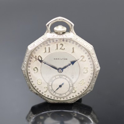 HAMILTON offene Herrentaschenuhr in 14k Gold-Filled, USA um 1925, grav. Geh., Boden m. Monogramm aufgedr., silb. Duoton-Zifferbl. fl./pat., arab. ...