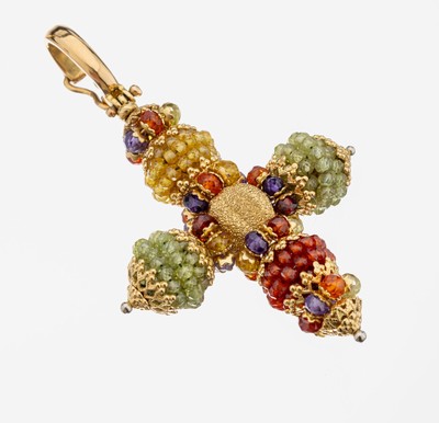 18 kt Gold Farbstein-Kreuzanhänger, GG 750/000, facett. Synthesen in versch. Farben, Clipöse, ca. 6 x 4 cm, ca. 20.8 g